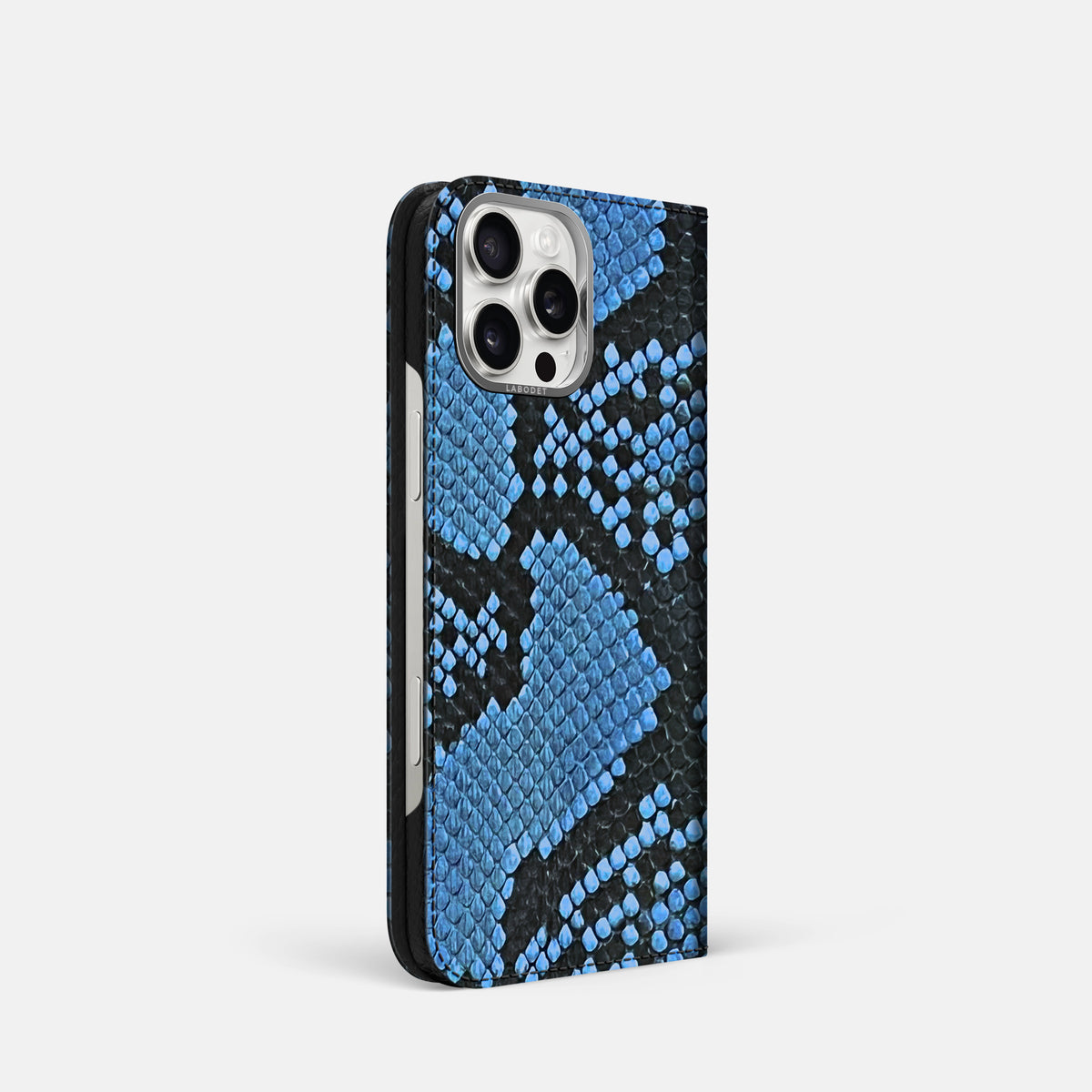 Blue-Jeans iPhone 16 Pro Folio Case In Python with Steel Metal -1 | Blue-Jeans-Steel