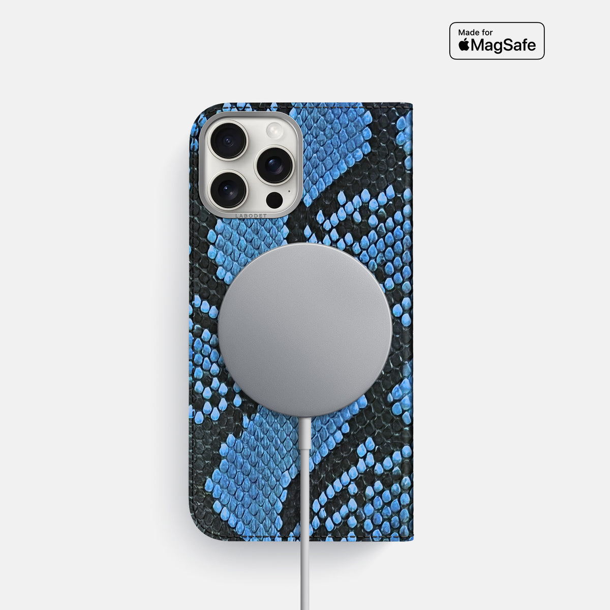 Blue-Jeans iPhone 16 Pro Folio Case In Python with Steel Metal -3 | Blue-Jeans-Steel
