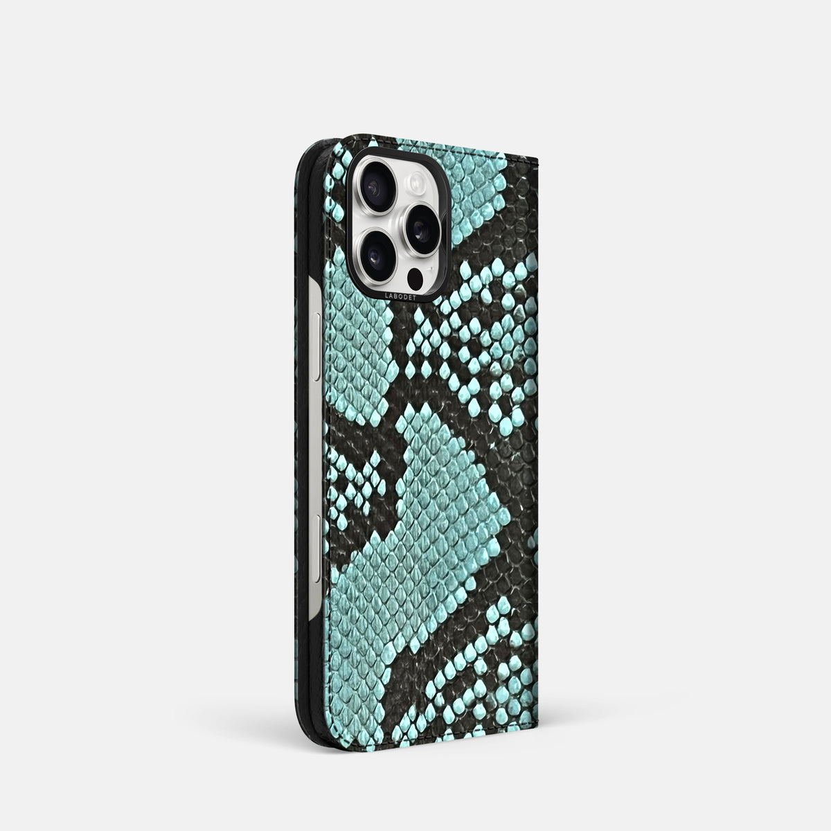 Blue Lagoon iPhone 16 Pro Folio Case In Python with Black Metal -1 | Blue-Lagoon-Black