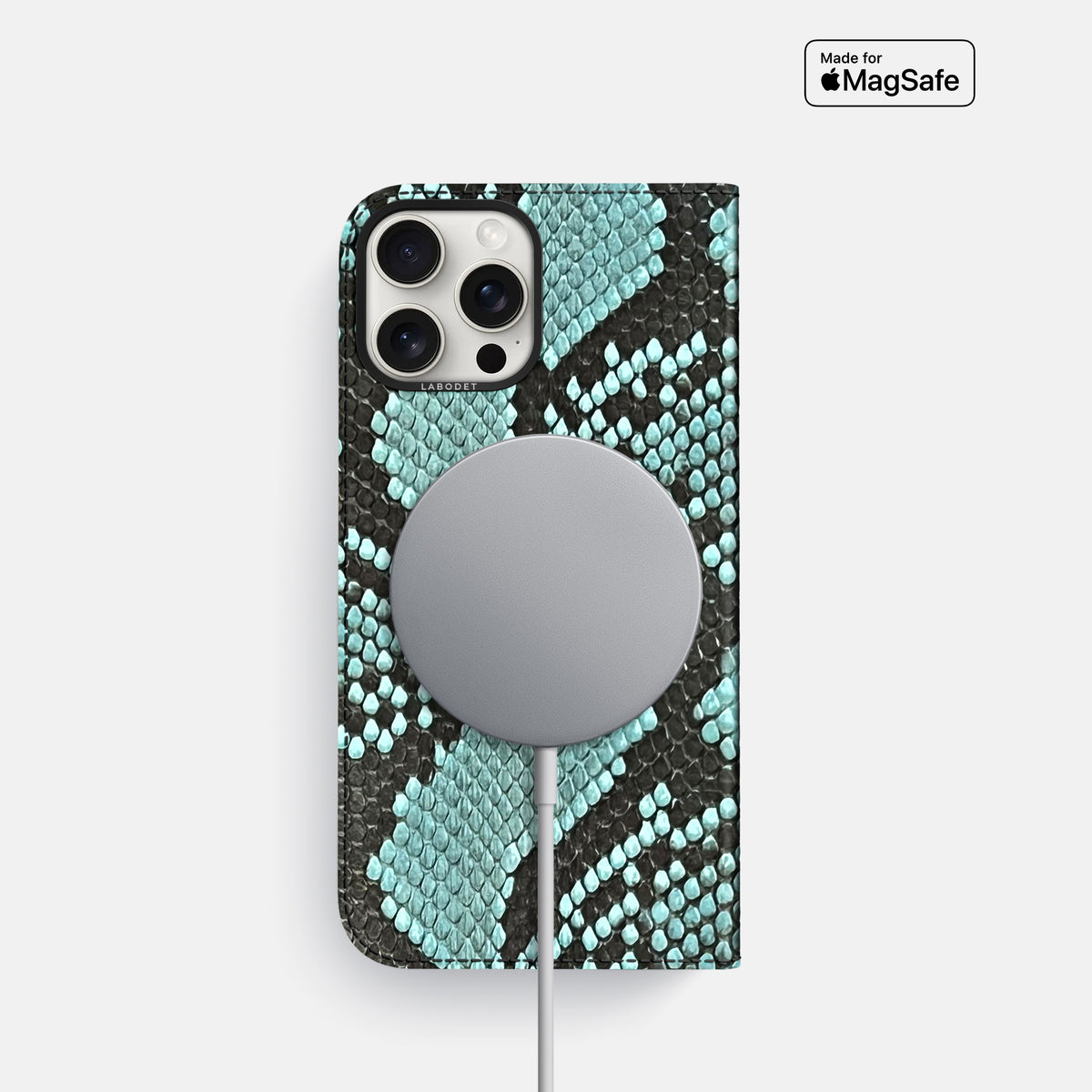 Blue Lagoon iPhone 16 Pro Folio Case In Python with Black Metal -3 | Blue-Lagoon-Black