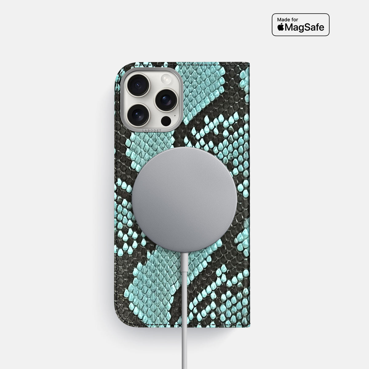 Blue Lagoon iPhone 16 Pro Folio Case In Python with Steel Metal -3 | Blue-Lagoon-Steel