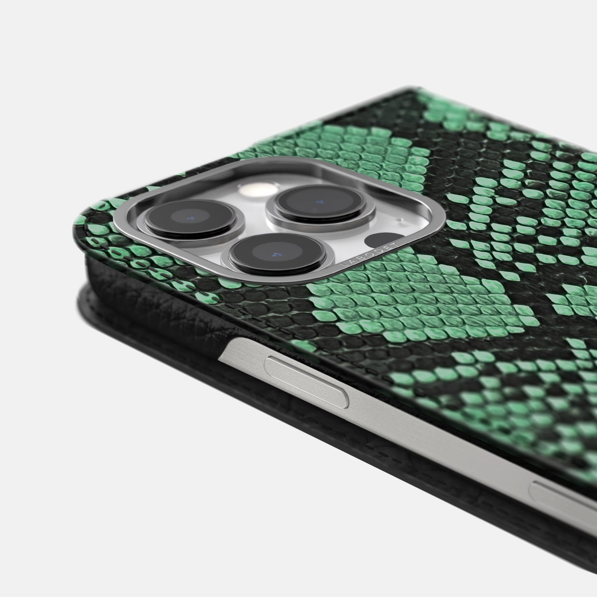 Forest-Green iPhone 16 Pro Folio Case In Python with Steel Metal -5 | Forest-Green-Steel