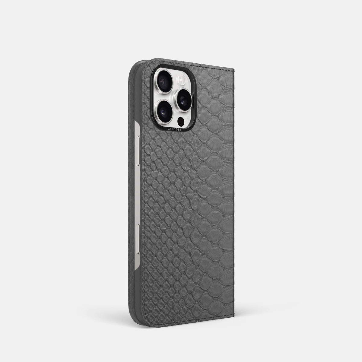Grey iPhone 16 Pro Folio Case Python with Black Metal -1 | Grey-Black