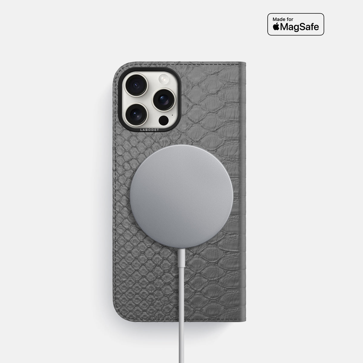 Grey iPhone 16 Pro Folio Case Python with Black Metal -3 | Grey-Black