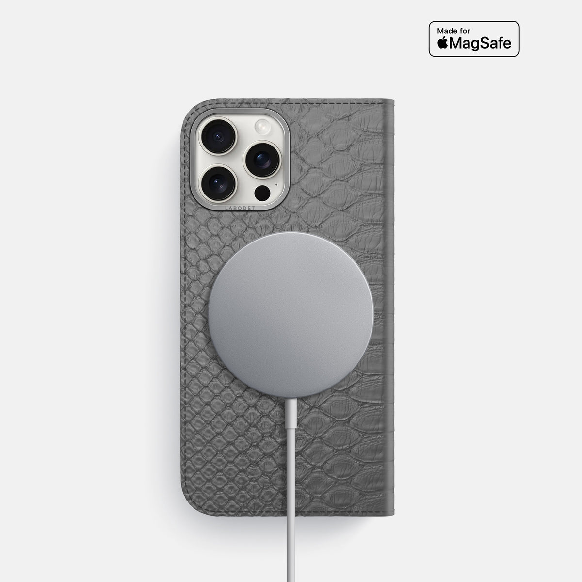 Grey iPhone 16 Pro Folio Case Python with Steel Metal -3 | Grey-Steel