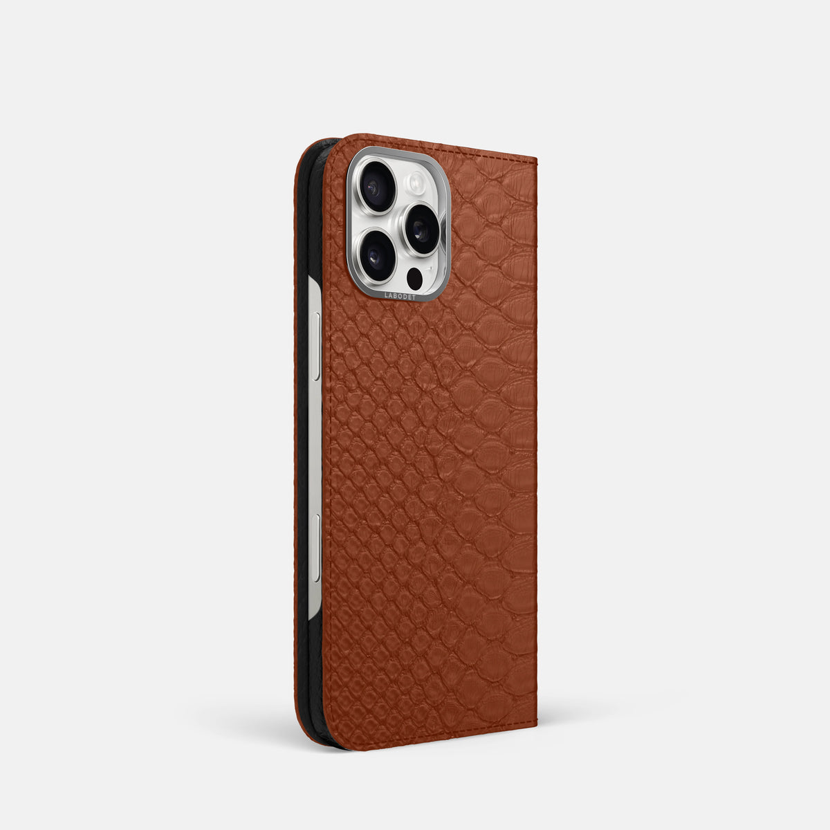 Medium Brown iPhone 16 Pro Folio Case Python with Steel Metal -1 | Medium-Brown-Steel