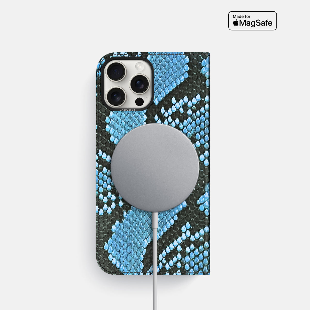 Pacific Blue iPhone 16 Pro Folio Case In Python with Black Metal -3 | Pacific-Blue-Black