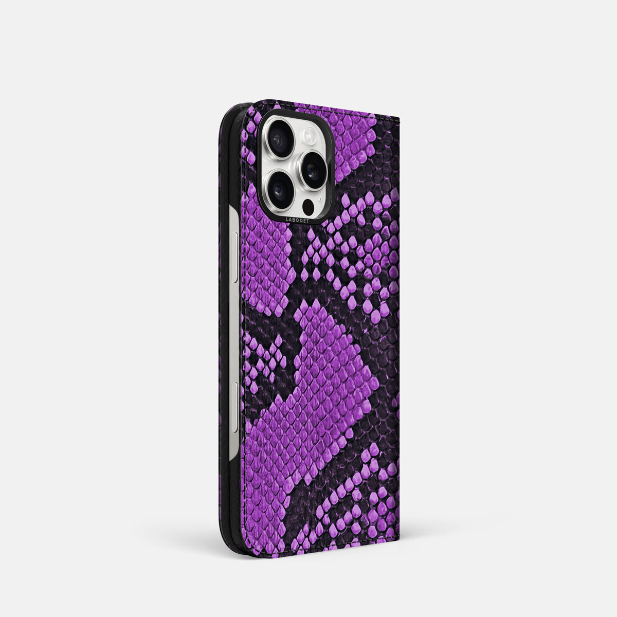 Purple iPhone 16 Pro Folio Case In Python with Black Metal -1 | Purple-Black