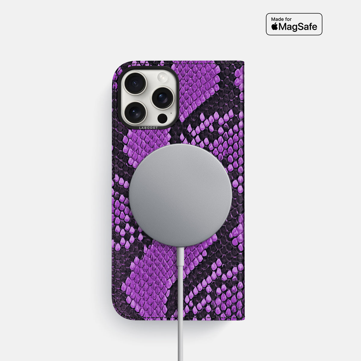 Purple iPhone 16 Pro Folio Case In Python with Black Metal -3 | Purple-Black