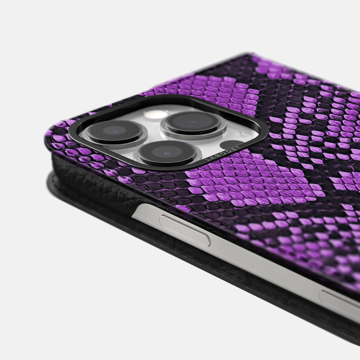 Purple iPhone 16 Pro Folio Case In Python with Black Metal -5 | Purple-Black
