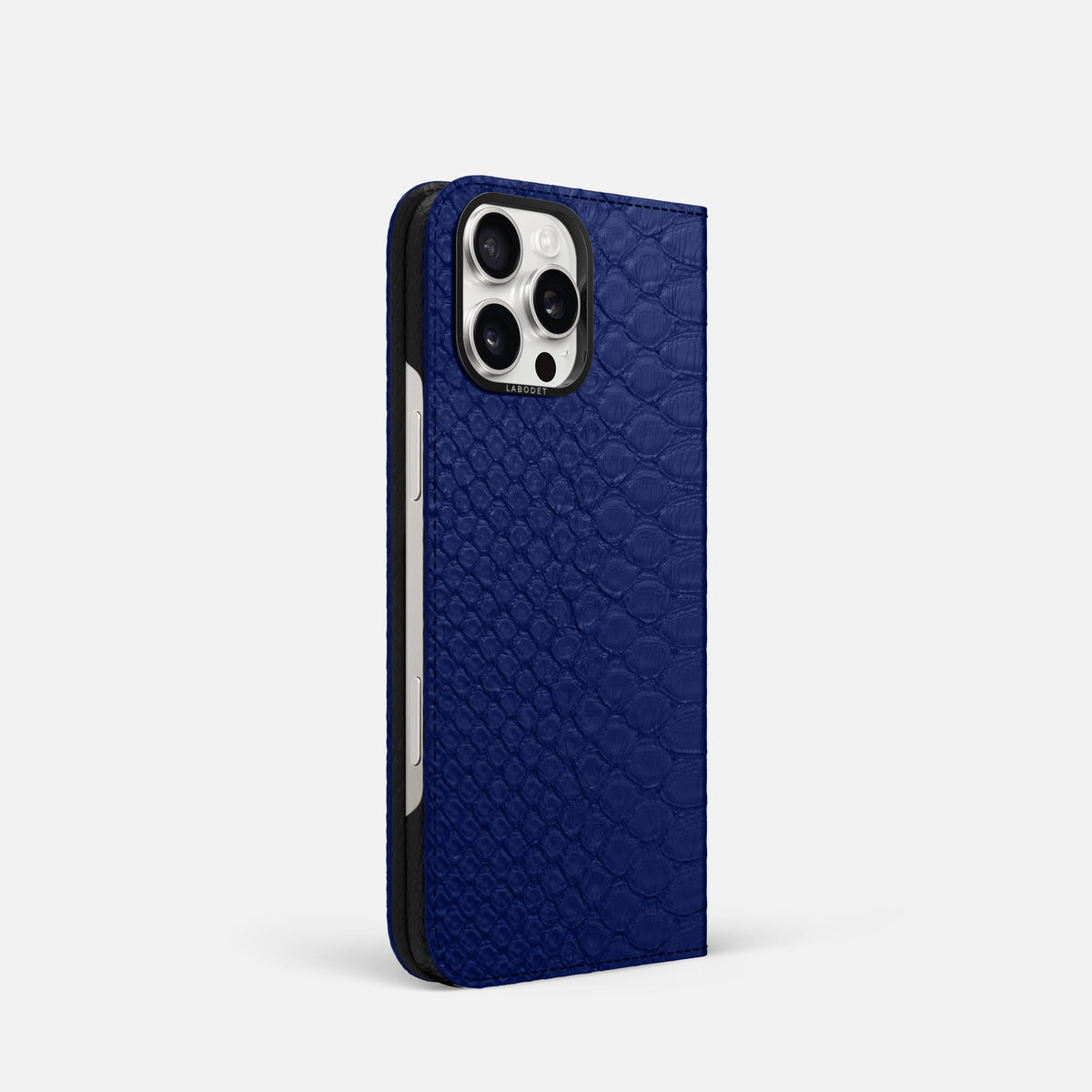 Royal Blue iPhone 16 Pro Folio Case Python with Black Metal -1 | Royal-Blue-Black