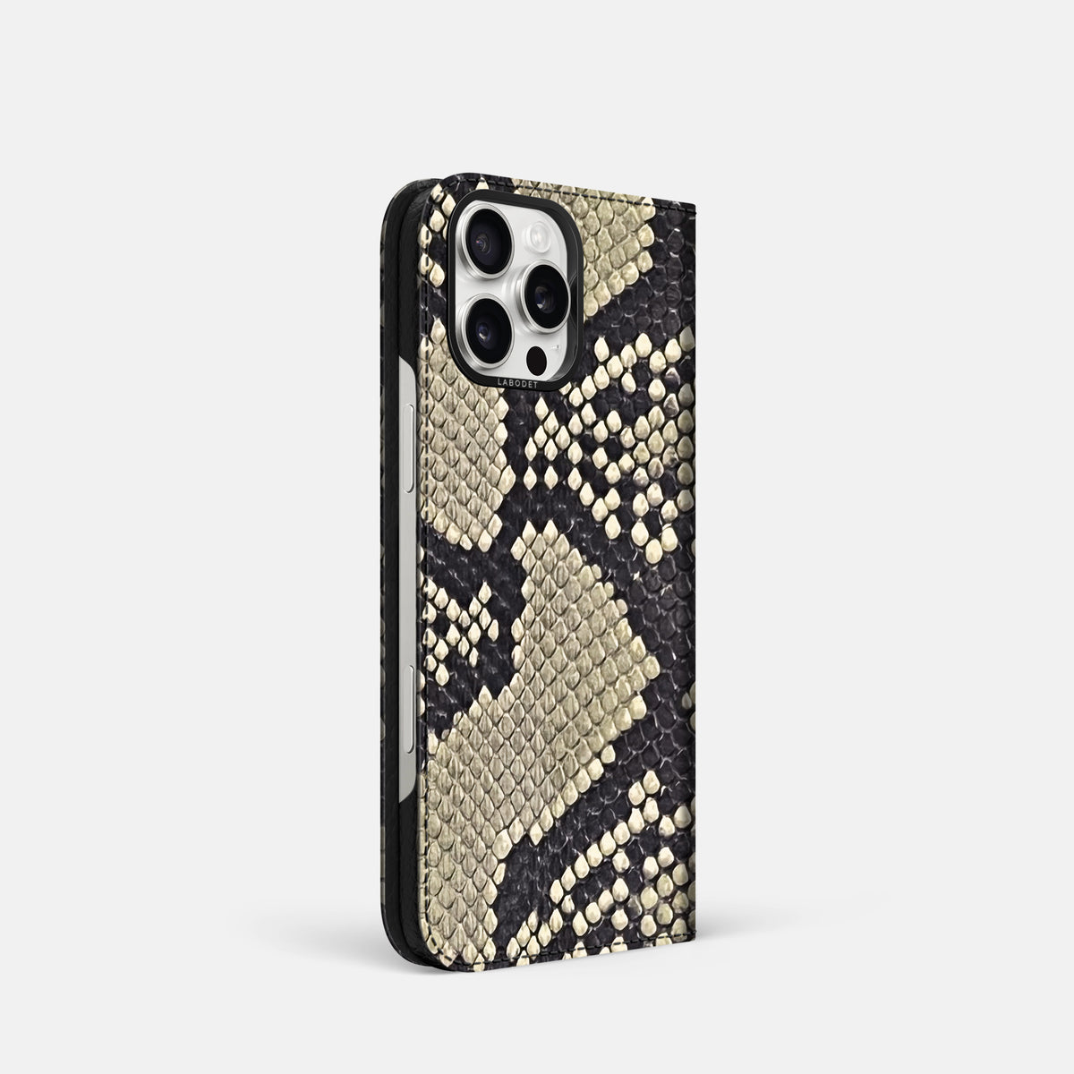 Savannah iPhone 16 Pro Folio Case In Python with Black Metal -1 | Savannah-Black