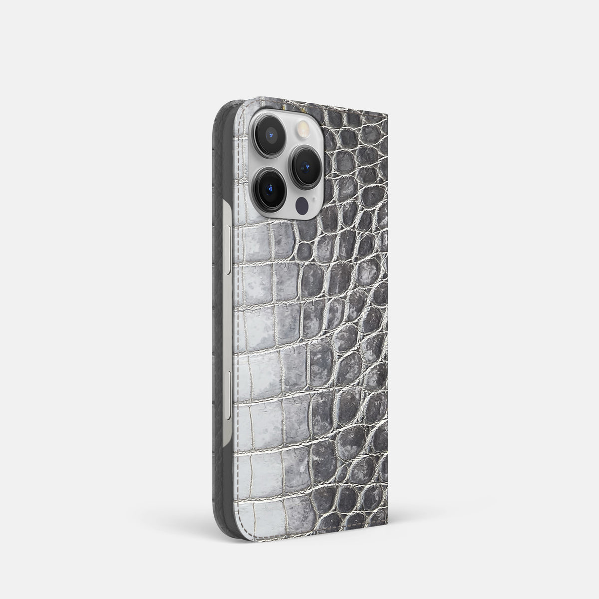 Silver iPhone 16 Pro Folio Case Himalayan Crocodile -1 | Silver