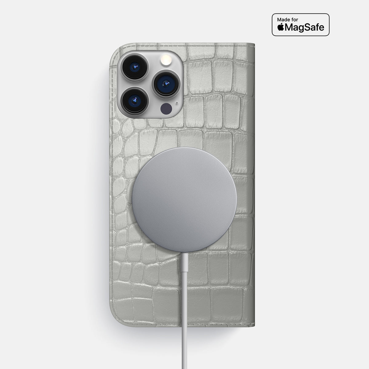 Pearlized-White iPhone 16 Pro Max Folio Case Alligator -3 | Pearlized-White
