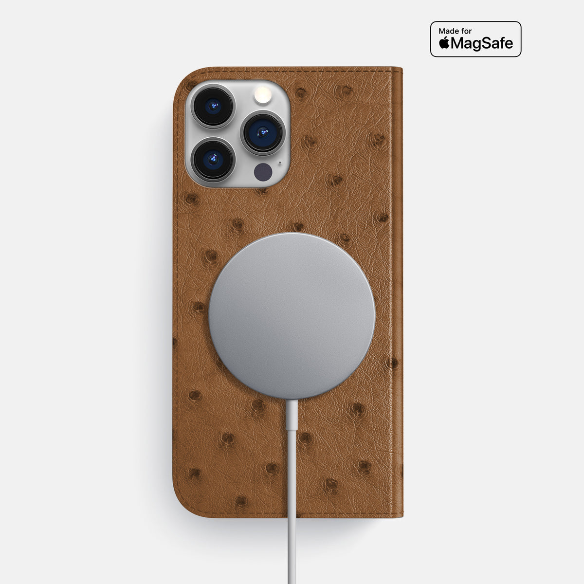 Medium-Brown iPhone 16 Pro Max Folio Case Ostrich -3 | Medium-Brown
