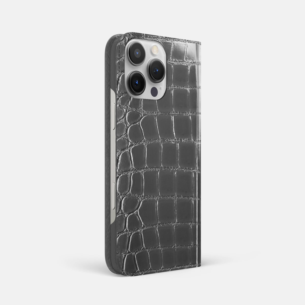 Grey iPhone 16 Pro Folio Case Patina Alligator -1 | Grey