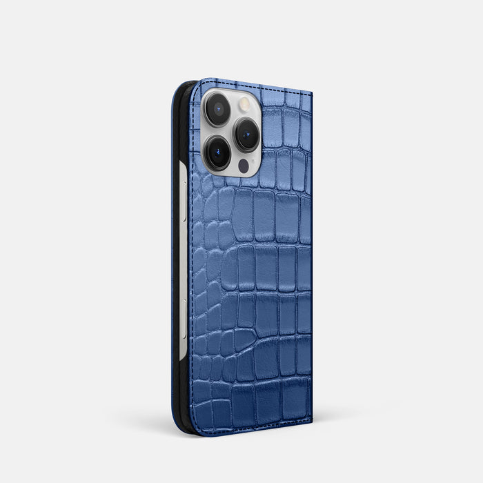 Pearlized-Blue iPhone 16 Pro Folio Case Alligator -1 | Pearlized-Blue