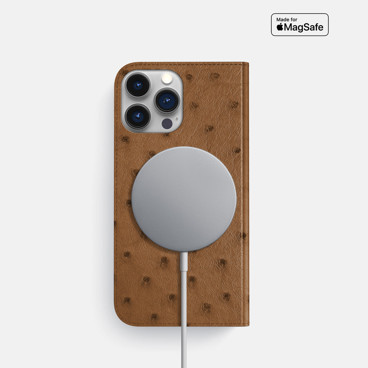 Medium-Brown iPhone 16 Pro Folio Case Ostrich -3 | Medium-Brown