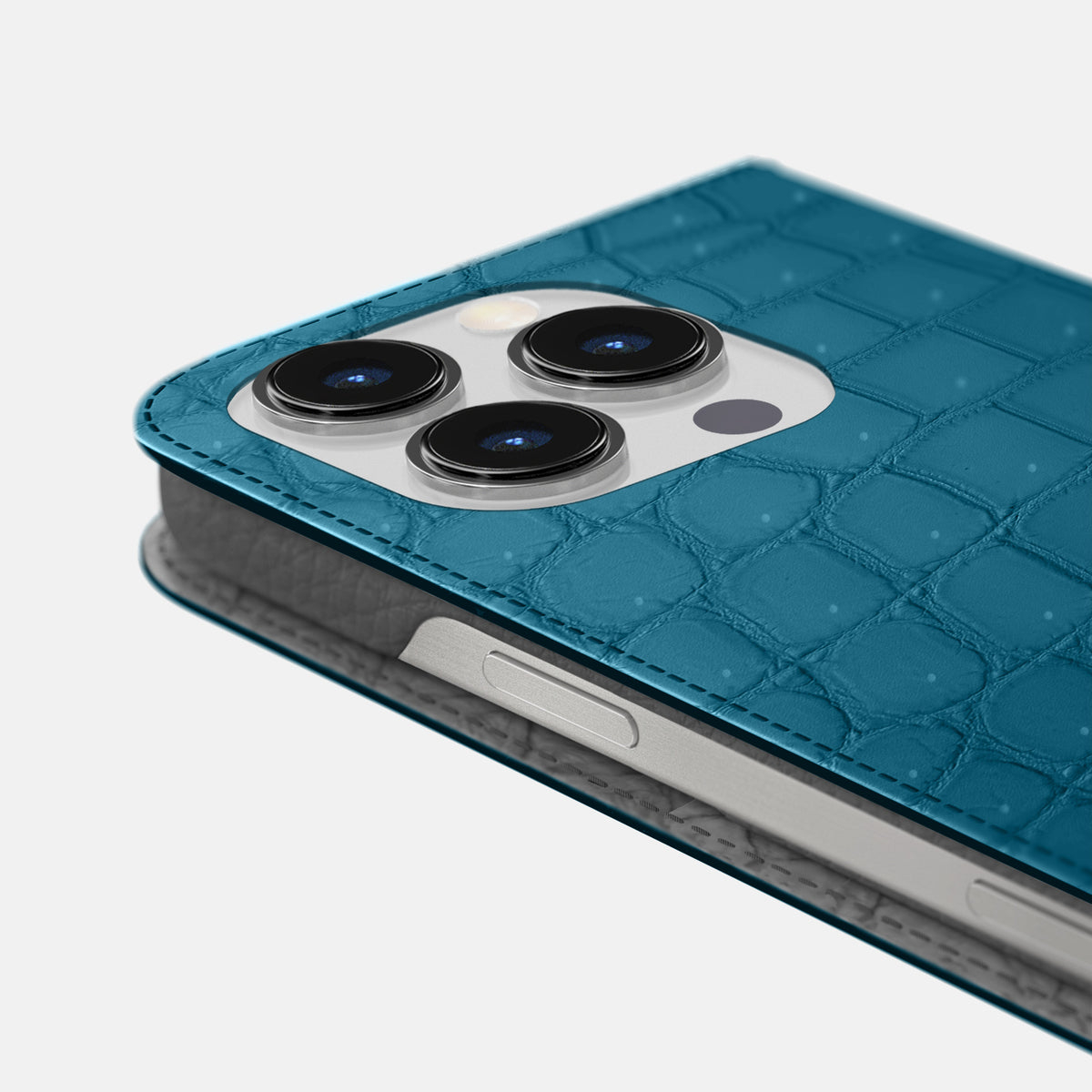 Duck Blue iPhone 16 Pro Folio Case Porosus Crocodile -5 | Duck-Blue