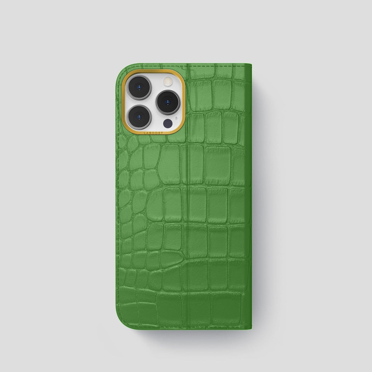 Apple-Green iPhone 15 Pro Folio Stand Alligator with Gold Metal -5 | Apple-Green-Gold