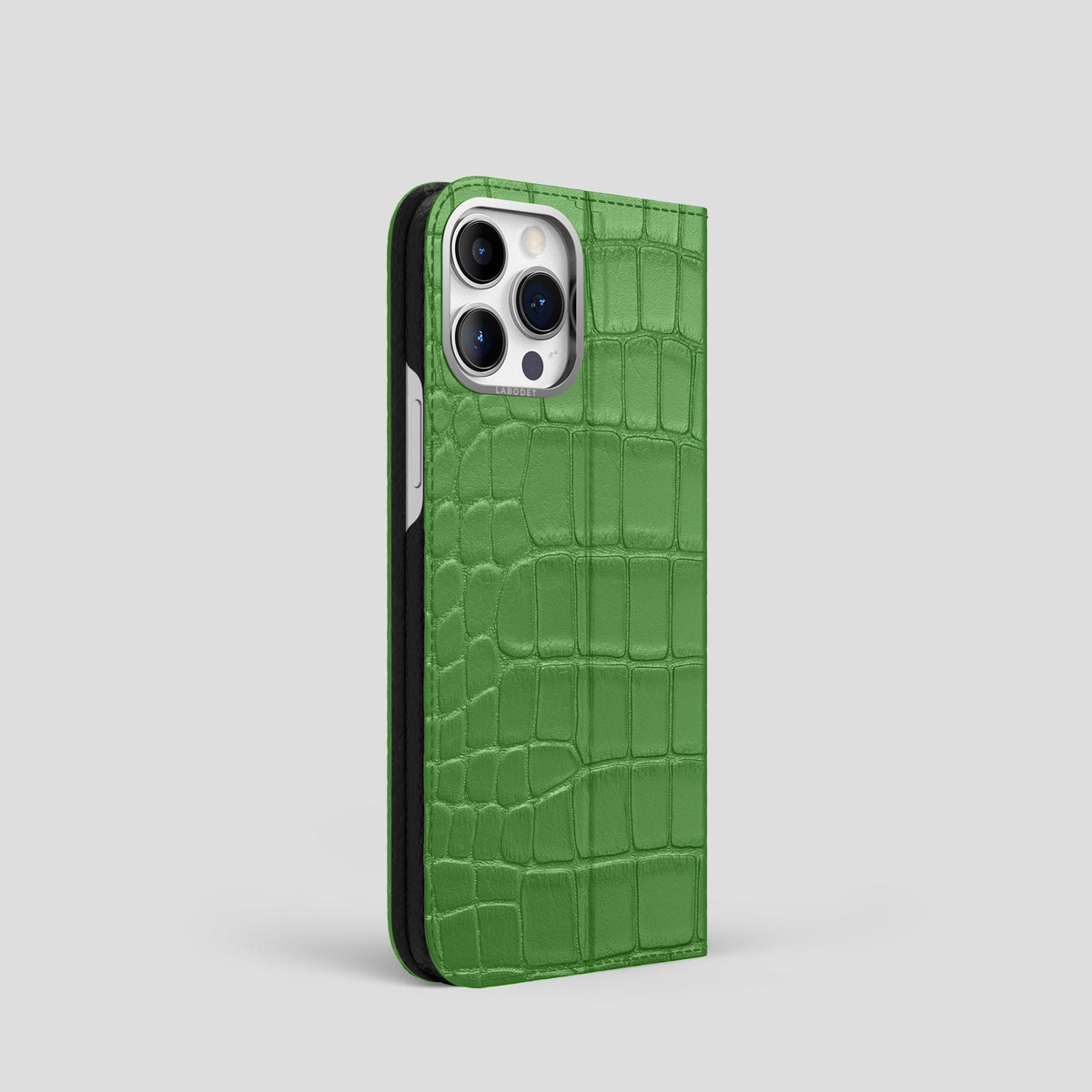 Apple-Green iPhone 15 Pro Folio Stand Alligator with Steel Metal -1 | Apple-Green-Steel