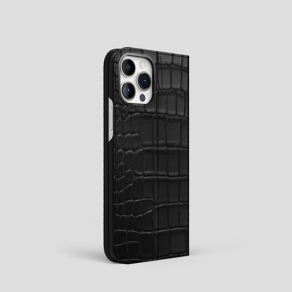 Black iPhone 15 Pro Folio Stand Alligator with Black Metal -1 | Black-Black