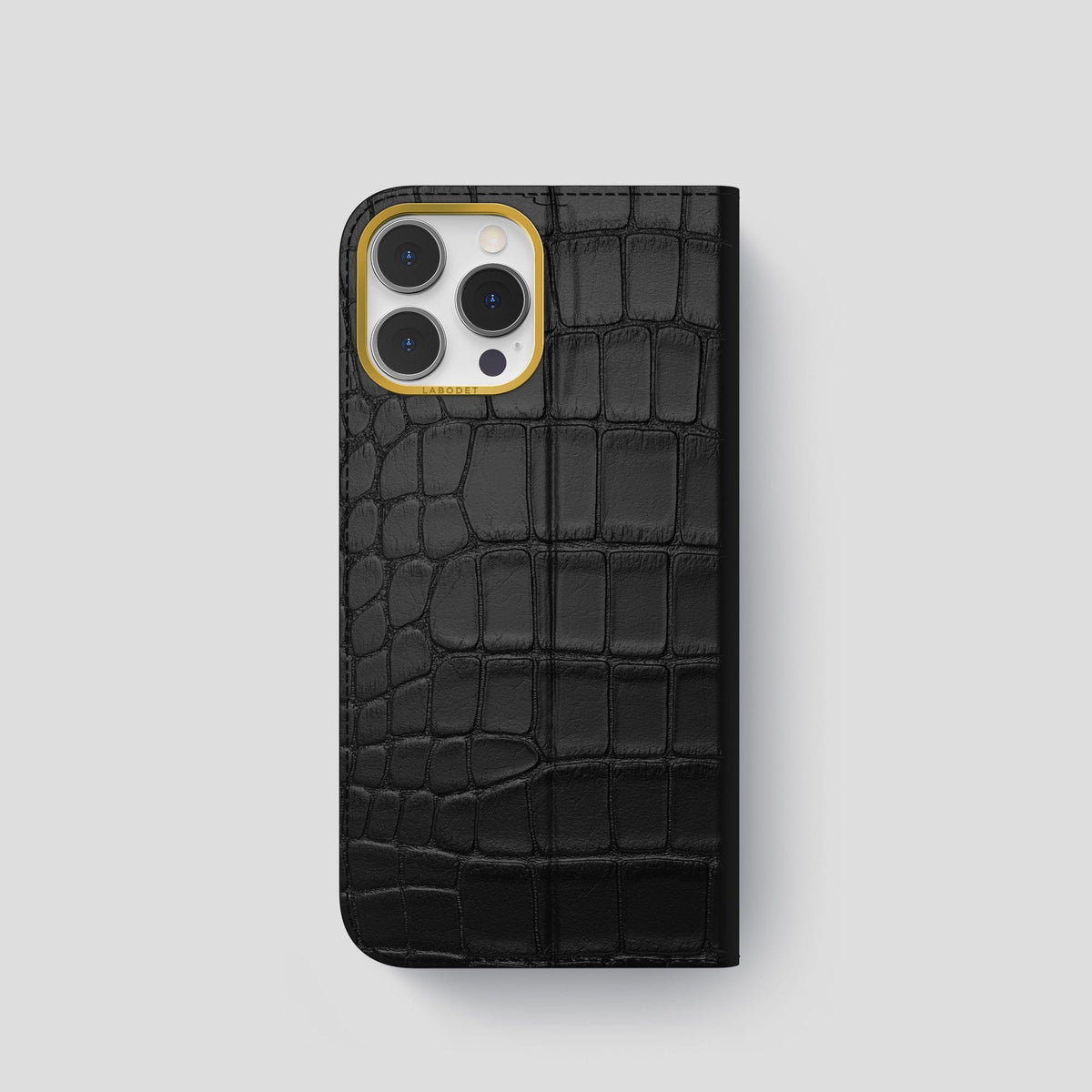 Black iPhone 15 Pro Folio Stand Alligator with Gold Metal -5 | Black-Gold