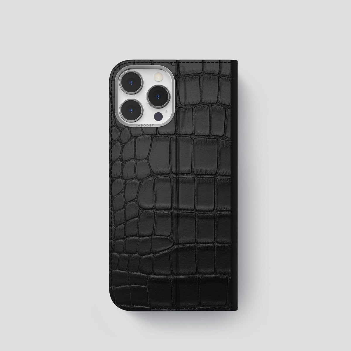 Black iPhone 15 Pro Folio Stand Alligator with Steel Metal -5 | Black-Steel