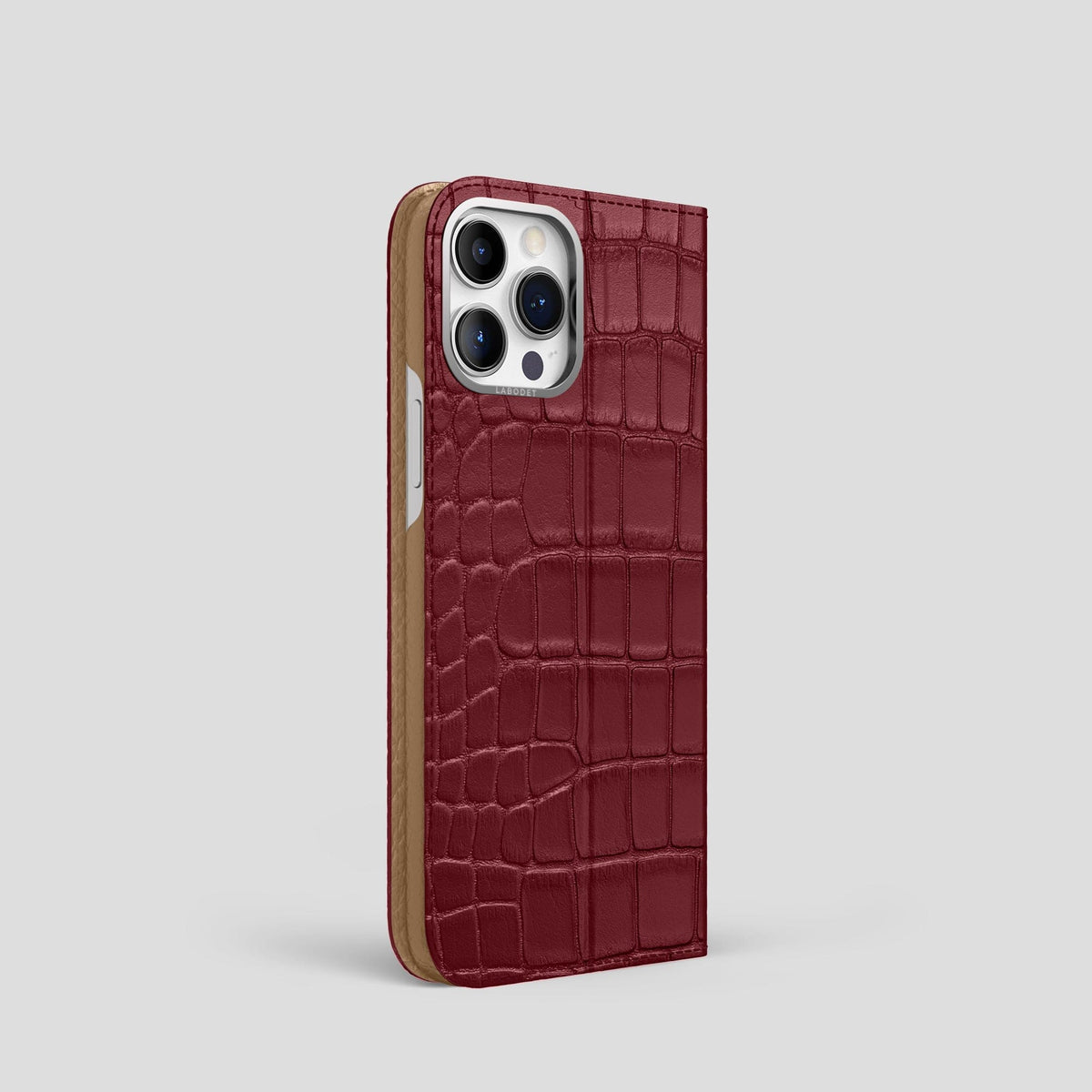 Burgundy iPhone 15 Pro Folio Stand Alligator with Steel Metal -1 | Burgundy-Steel