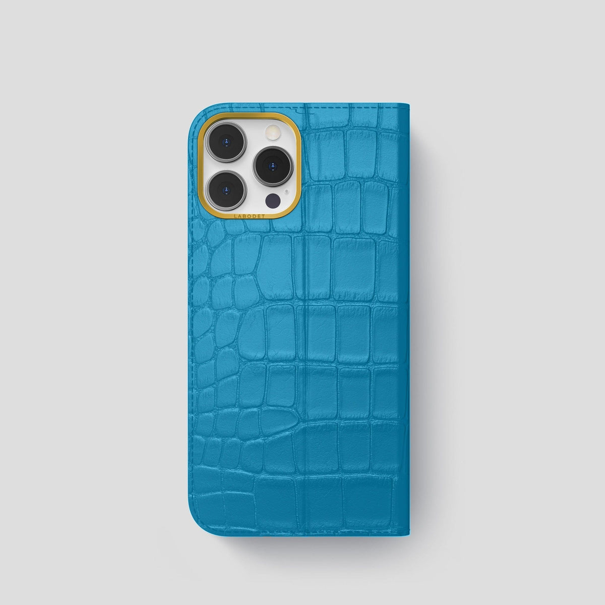 Curaçao-Blue iPhone 15 Pro Folio Stand Alligator with Gold Metal -5 | Curaçao-Blue-Gold
