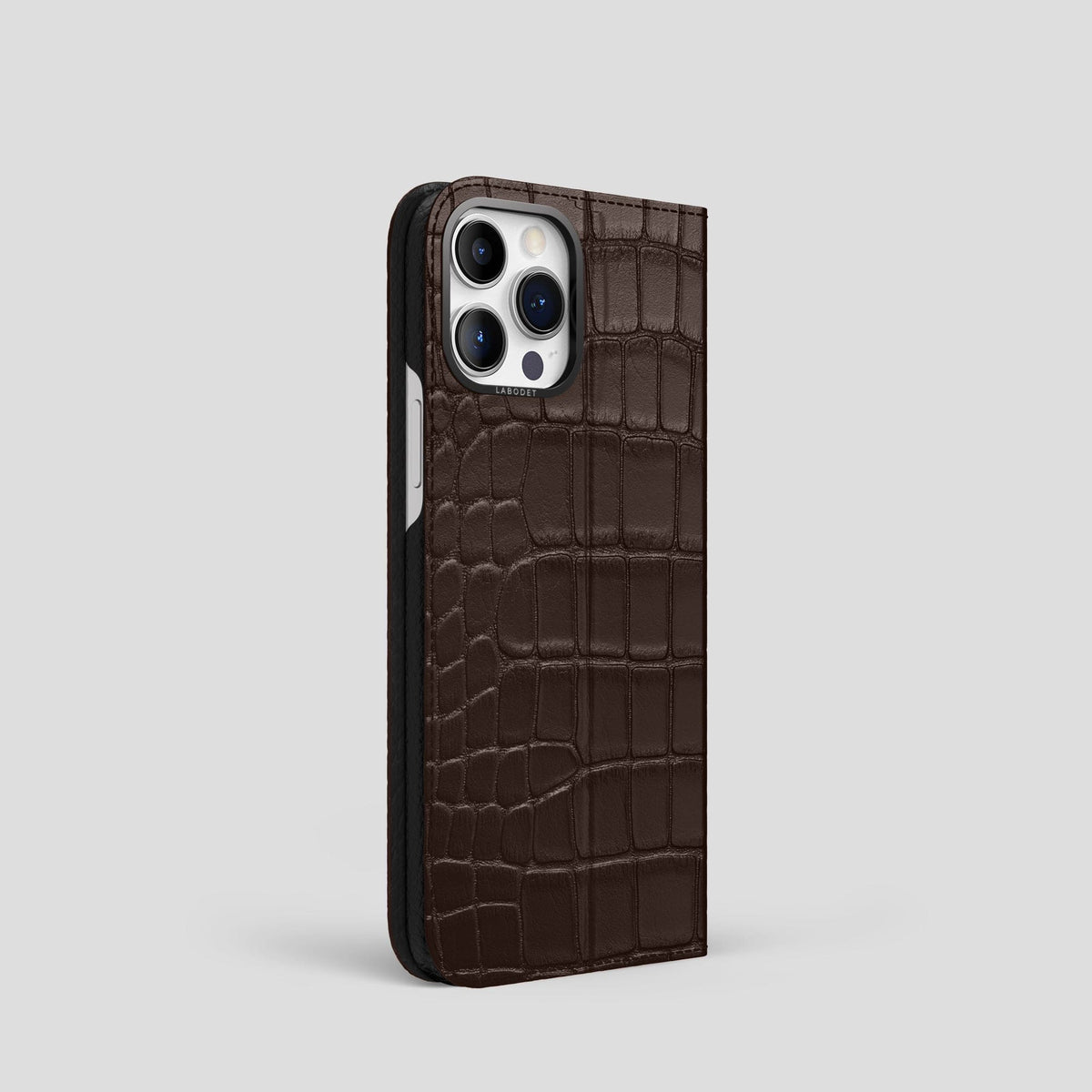 Dark-Brown iPhone 15 Pro Folio Stand Alligator with Black Metal -1 | Dark-Brown-Black