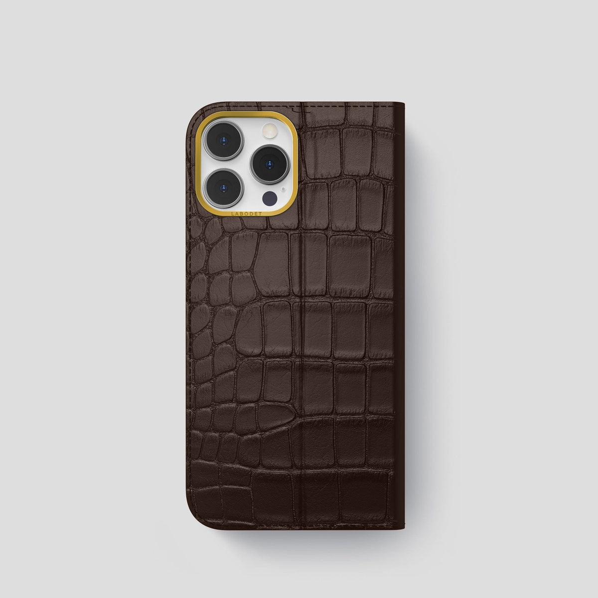 Dark-Brown iPhone 15 Pro Folio Stand Alligator with Gold Metal -5 | Dark-Brown-Gold