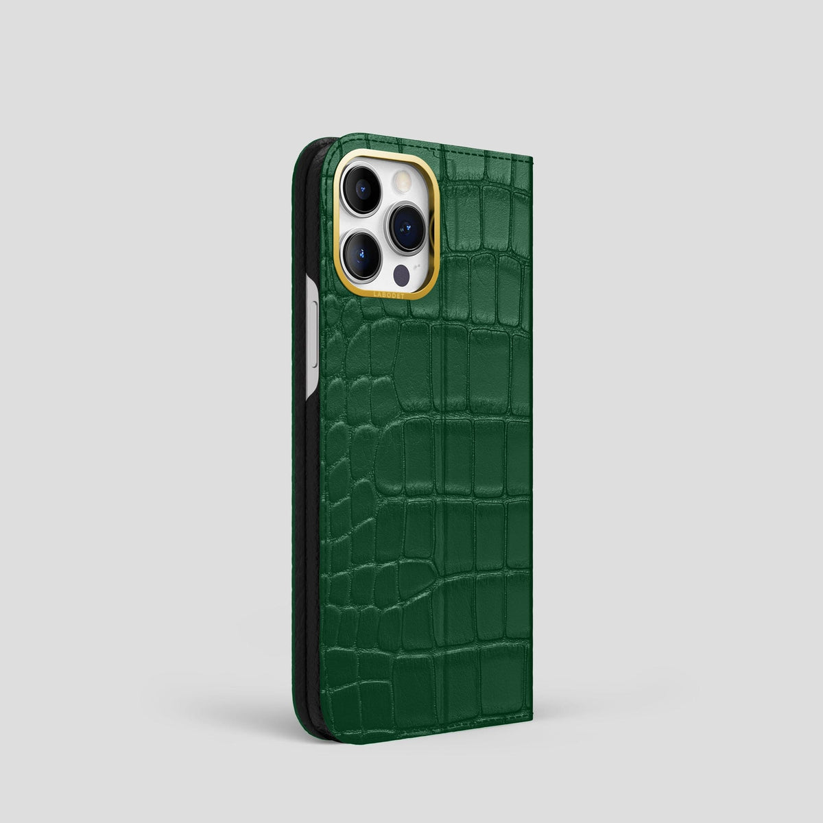 Forest-Green iPhone 15 Pro Folio Stand Alligator with Gold Metal -1 | Forest-Green-Gold