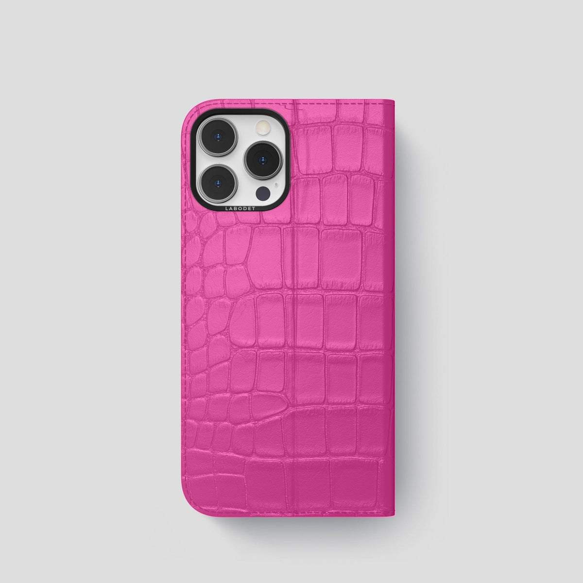 Fuchsia iPhone 15 Pro Folio Stand Alligator with Black Metal -5 | Fuchsia-Black