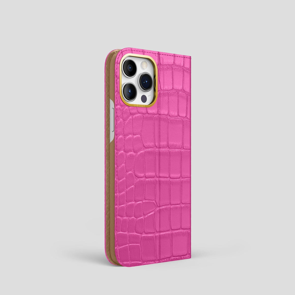 Fuchsia iPhone 15 Pro Folio Stand Alligator with Gold Metal -1 | Fuchsia-Gold