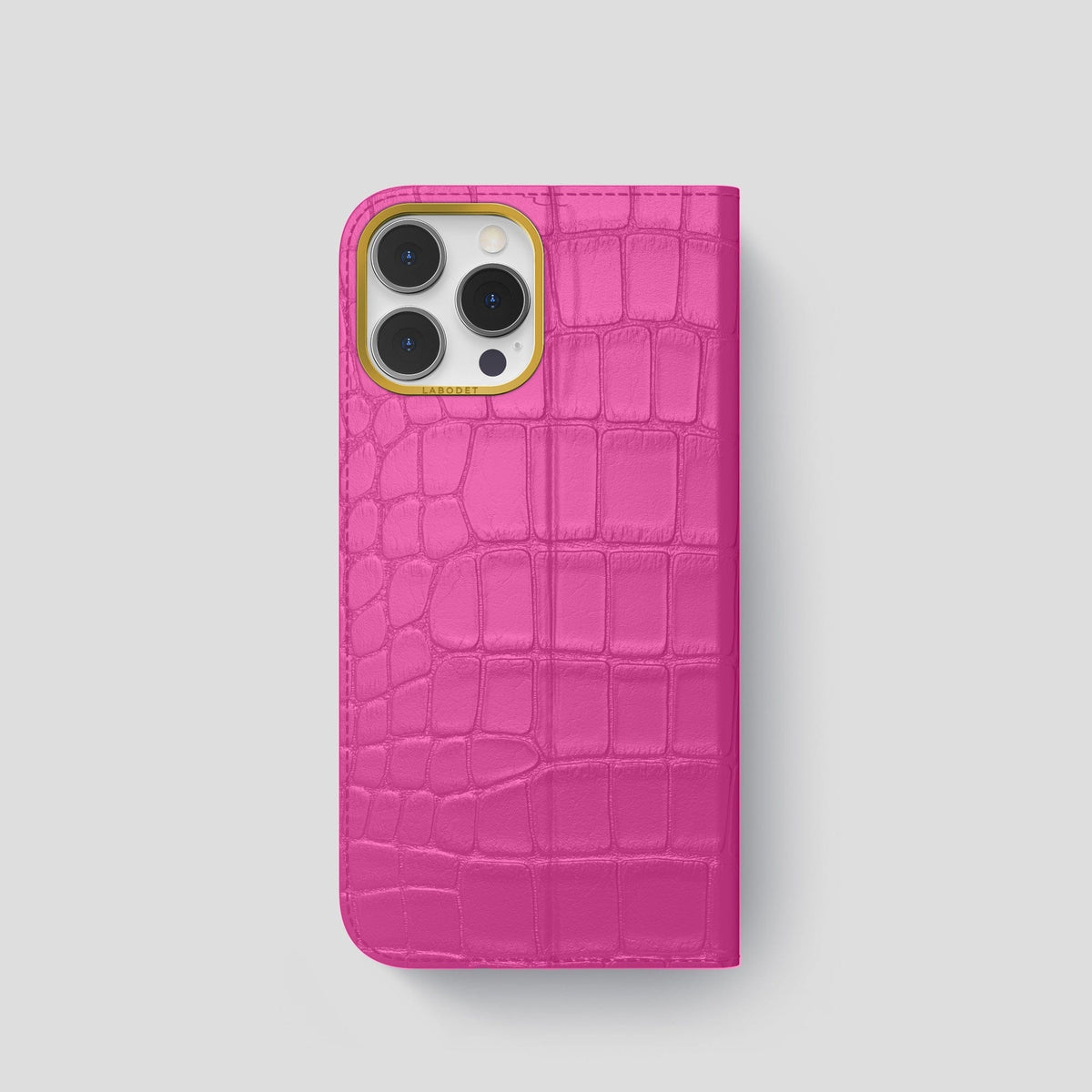 Fuchsia iPhone 15 Pro Folio Stand Alligator with Gold Metal -5 | Fuchsia-Gold