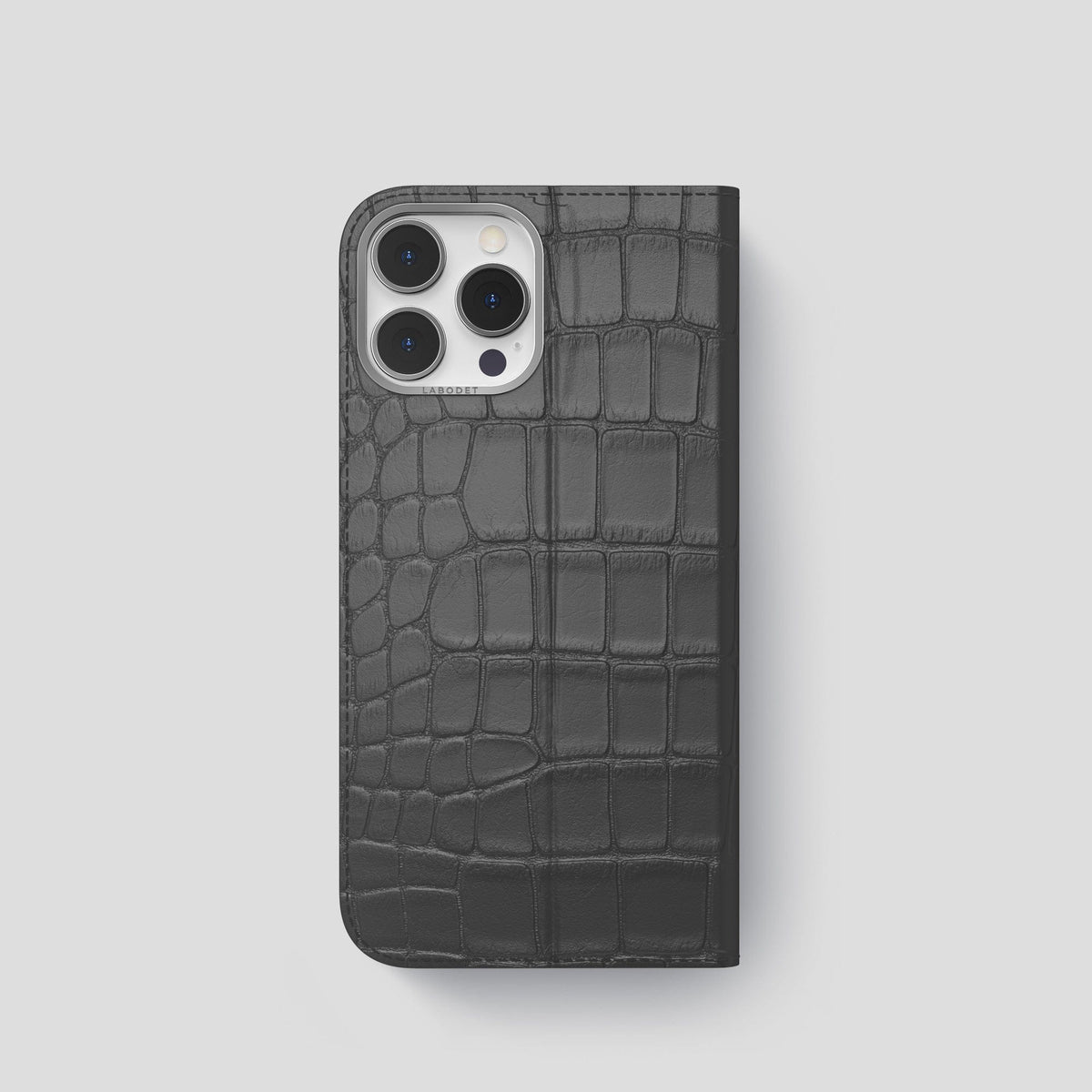 Grey iPhone 15 Pro Folio Stand Alligator with Steel Metal -5 | Grey-Steel