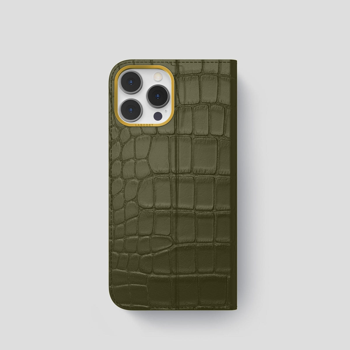 Kaki-Green iPhone 15 Pro Folio Stand Alligator with Gold Metal -5 | Kaki-Green-Gold