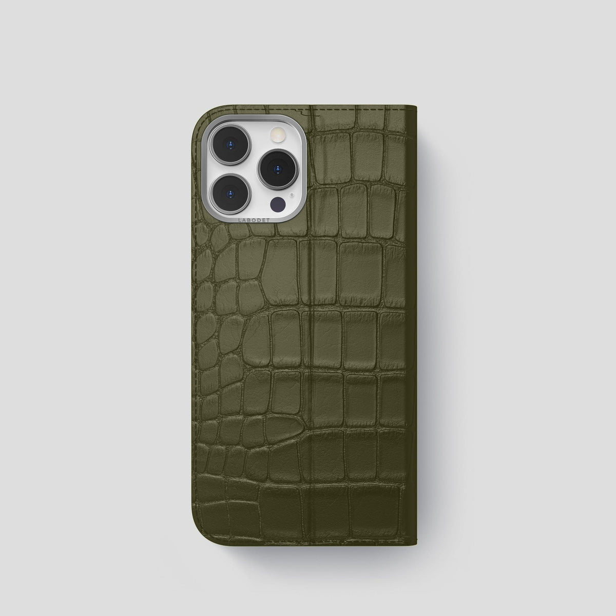 Kaki-Green iPhone 15 Pro Folio Stand Alligator with Steel Metal -5 | Kaki-Green-Steel