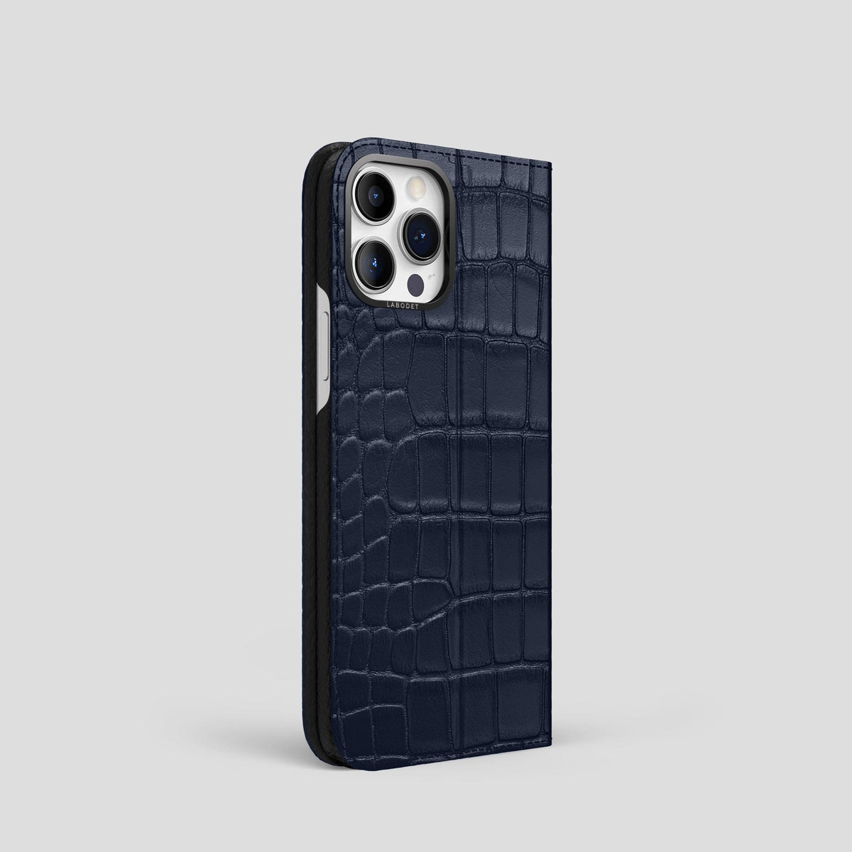 Navy Blue iPhone 15 Pro Folio Stand Alligator with Black Metal -1 | Navy-Blue-Black