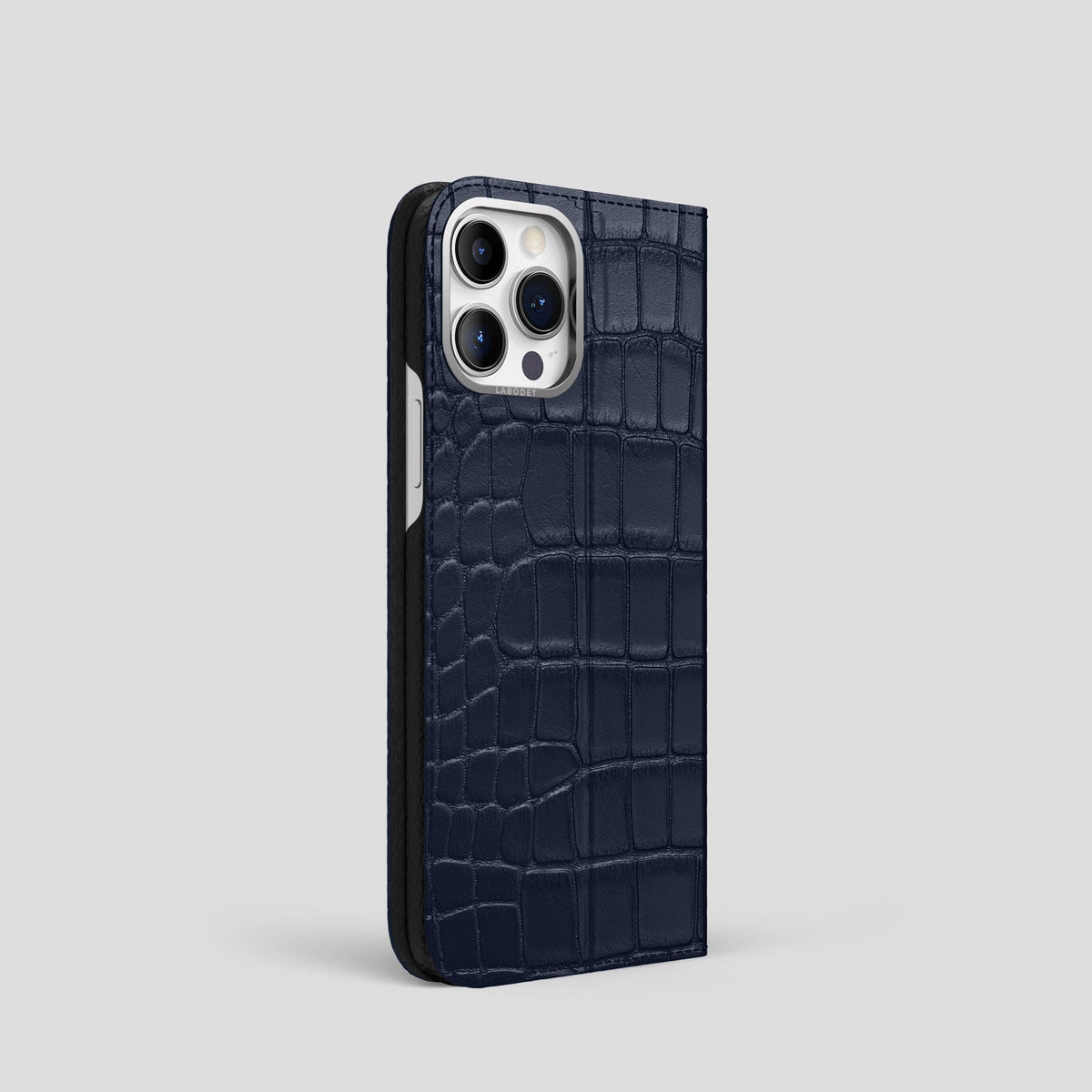 Navy Blue iPhone 15 Pro Folio Stand Alligator with Steel Metal -1 | Navy-Blue-Steel