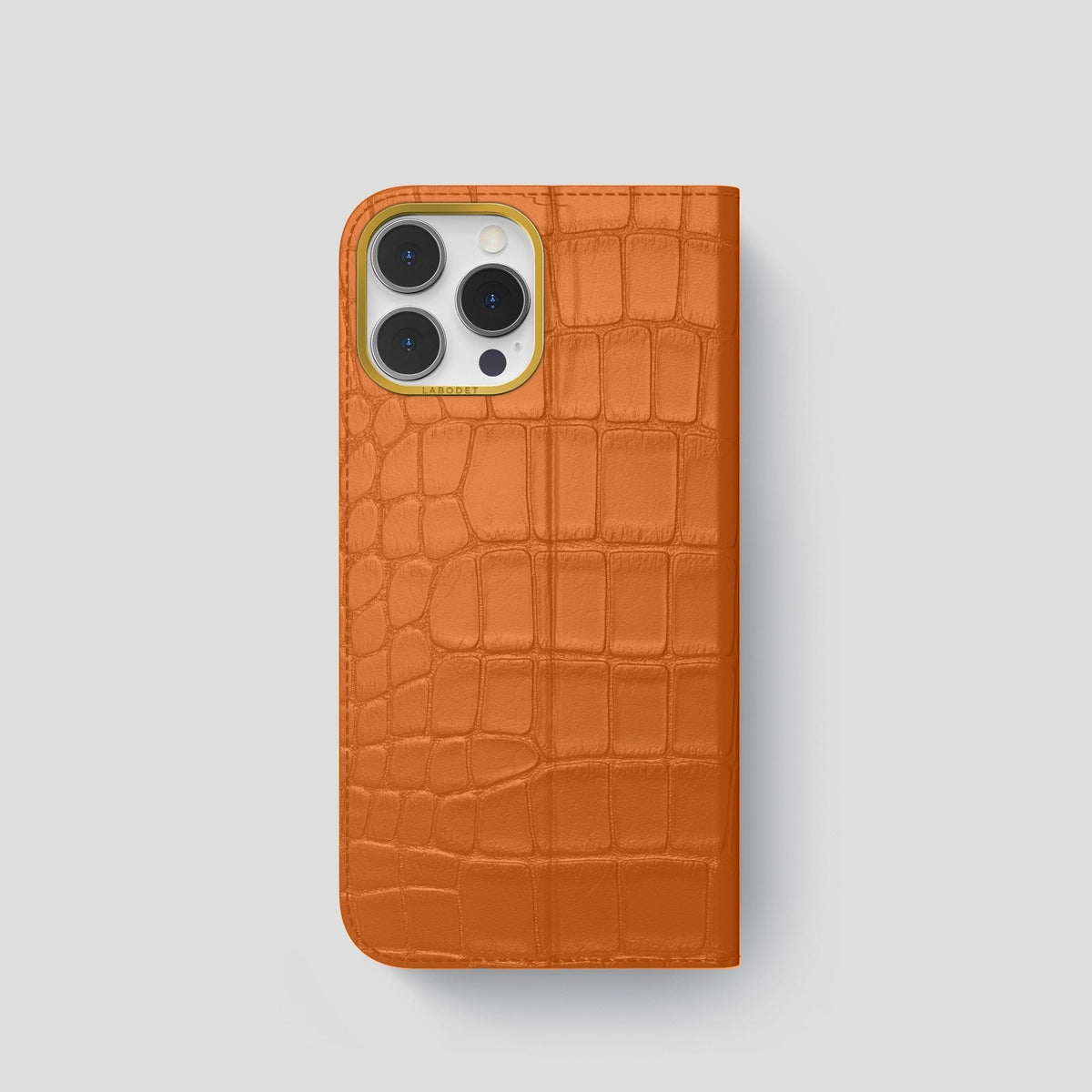 Orange iPhone 15 Pro Folio Stand Alligator with Gold Metal -5 | Orange-Gold
