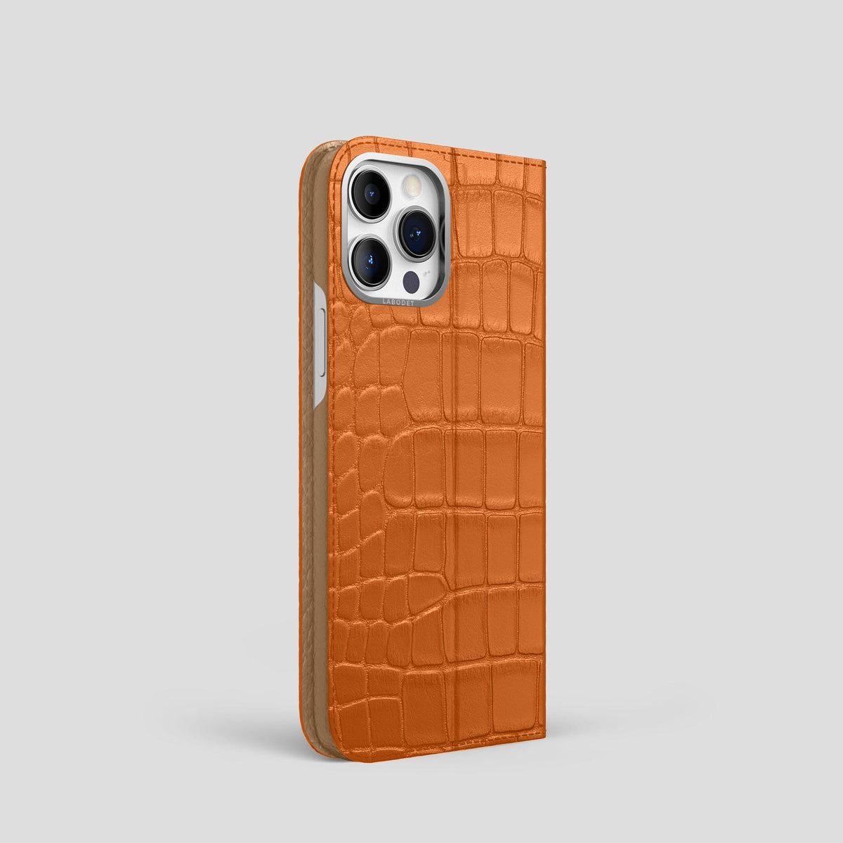 Orange iPhone 15 Pro Folio Stand Alligator with Steel Metal -1 | Orange-Steel