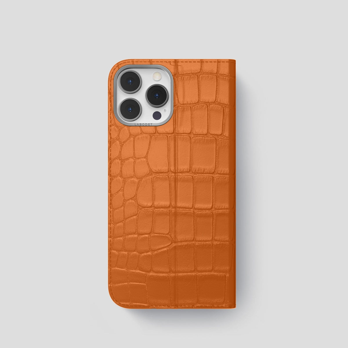 Orange iPhone 15 Pro Folio Stand Alligator with Steel Metal -5 | Orange-Steel