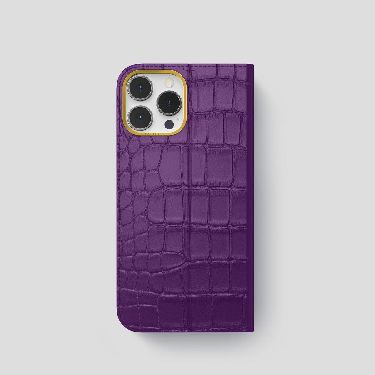 Purple iPhone 15 Pro Folio Stand Alligator with Gold Metal -5 | Purple-Gold