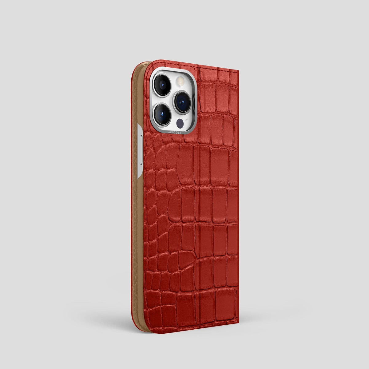Red iPhone 15 Pro Folio Stand Alligator with Steel Metal -1 | Red-Steel