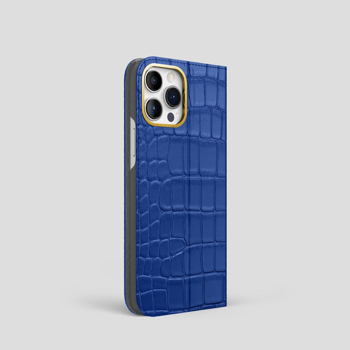 Royal Blue iPhone 15 Pro Folio Stand Alligator with Gold Metal -1 | Royal-Blue-Gold