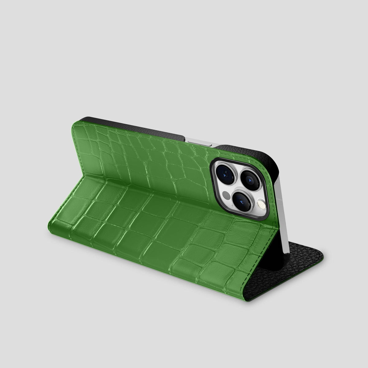 Apple-Green iPhone 15 Pro Max Folio Stand Alligator with Black Metal -3 | Apple-Green-Black