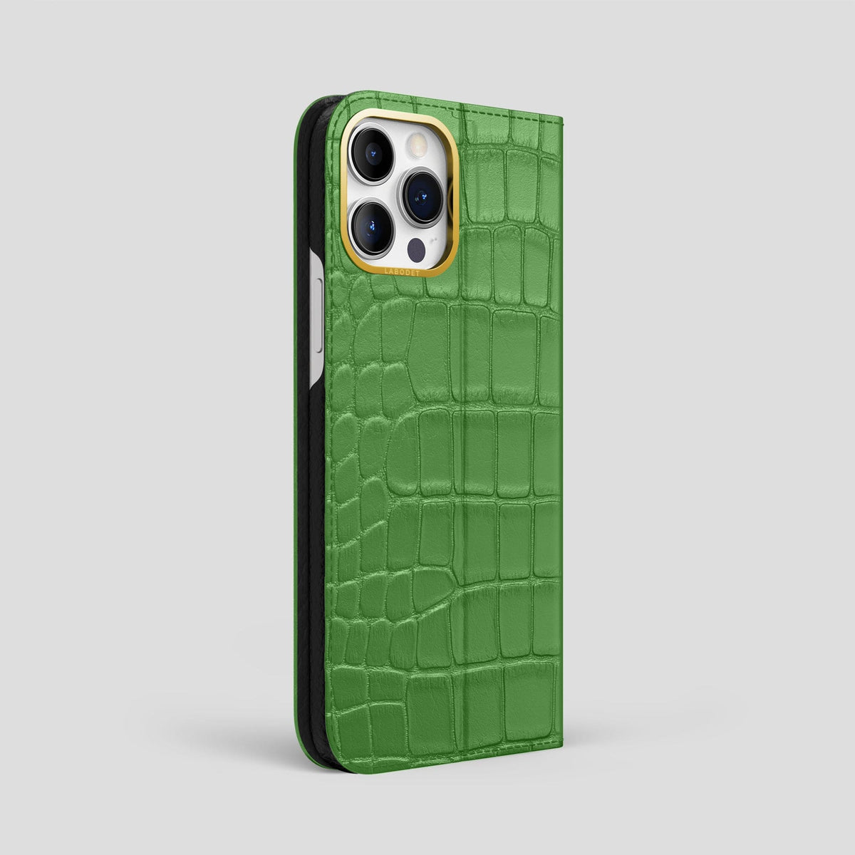 Apple-Green iPhone 15 Pro Max Folio Stand Alligator with Gold Metal -1 | Apple-Green-Gold