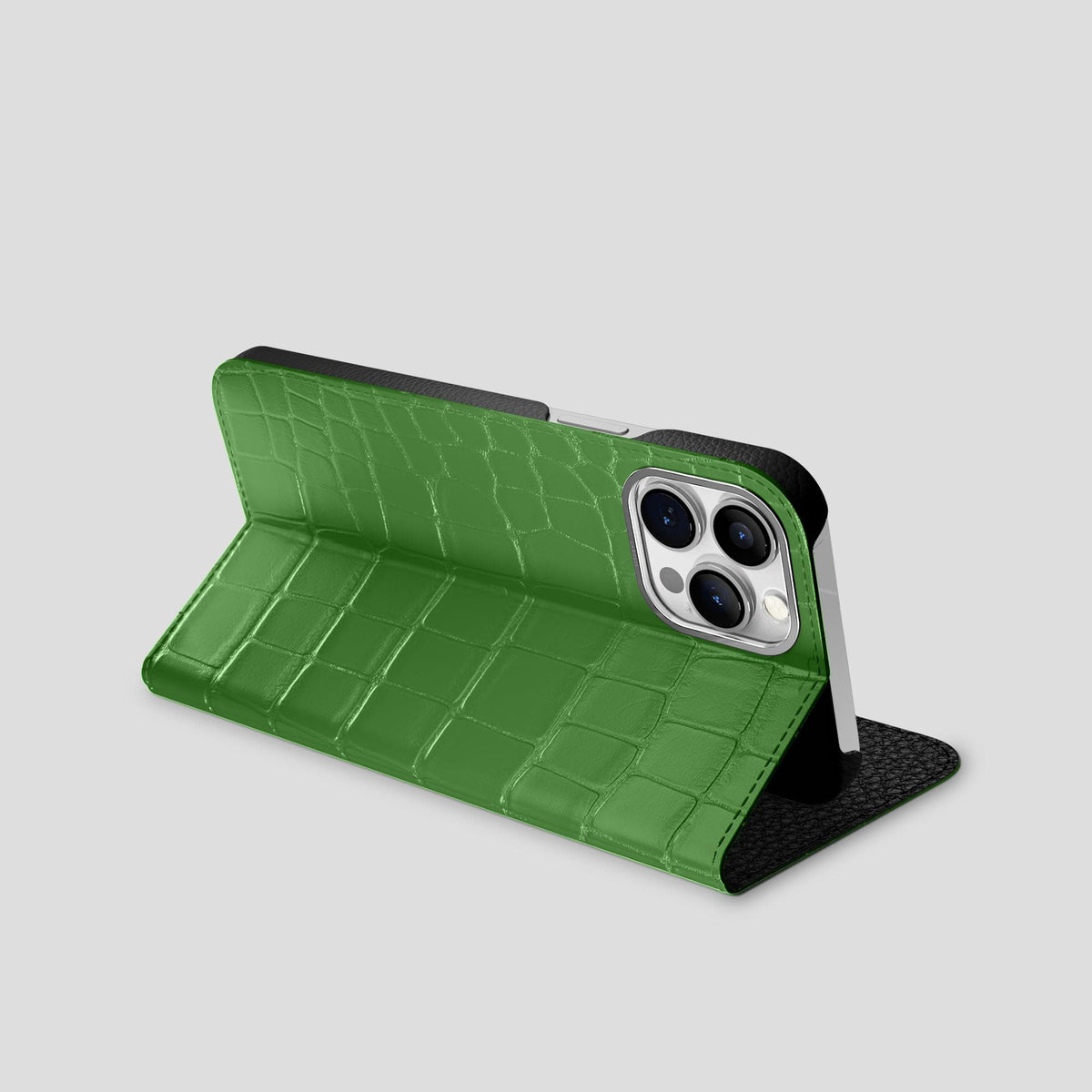 Apple-Green iPhone 15 Pro Max Folio Stand Alligator with Steel Metal -3 | Apple-Green-Steel
